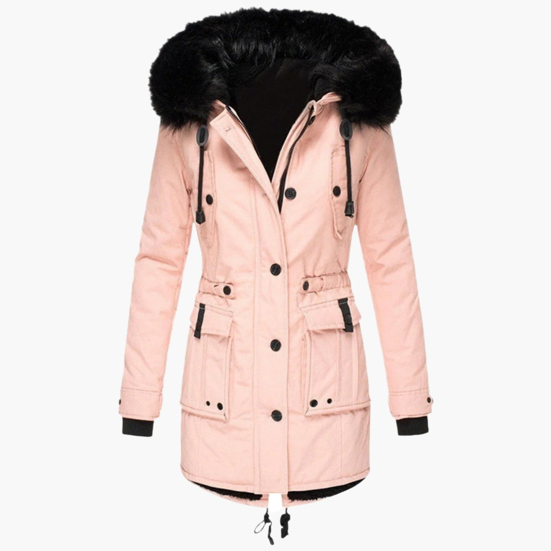 Rosafarbener Damen-Parka mit schwarzem Kunstfell-Kragen und Kapuze