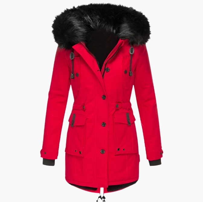Roter Longline-Parka mit schwarzem Kunstfellbesatz und Kordelzug