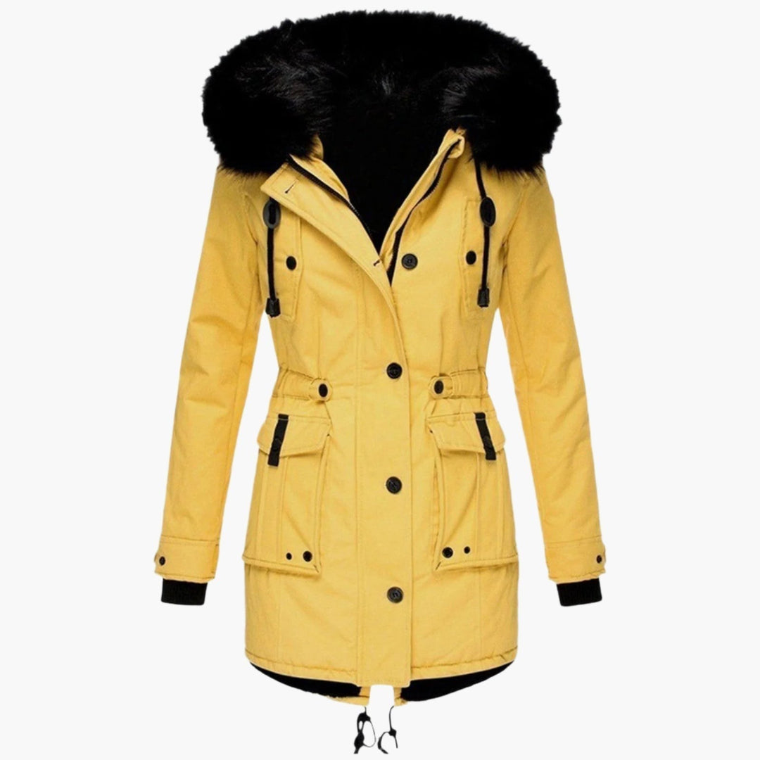 Gelber Damen-Parka mit Kapuze, Kunstfellkragen und Knopfleiste