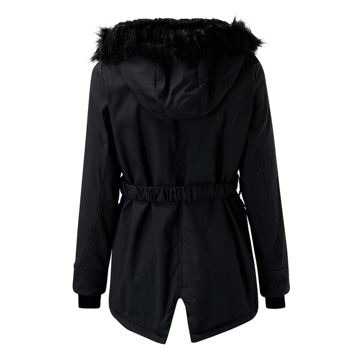 Schwarzer Parka von hinten mit Kunstfellkapuze und elastischem Taillenband
