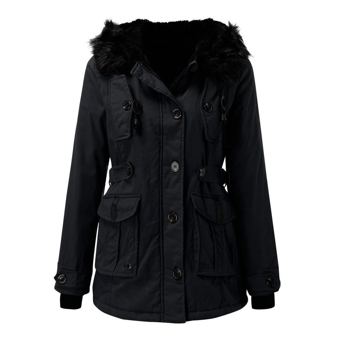Schwarzer Longline-Parka mit Kapuze, Kunstfellbesatz und Cargotaschen