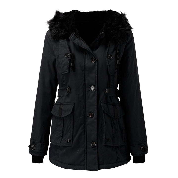 Schwarzer Longline-Parka mit Kapuze, Kunstfellbesatz und Cargotaschen