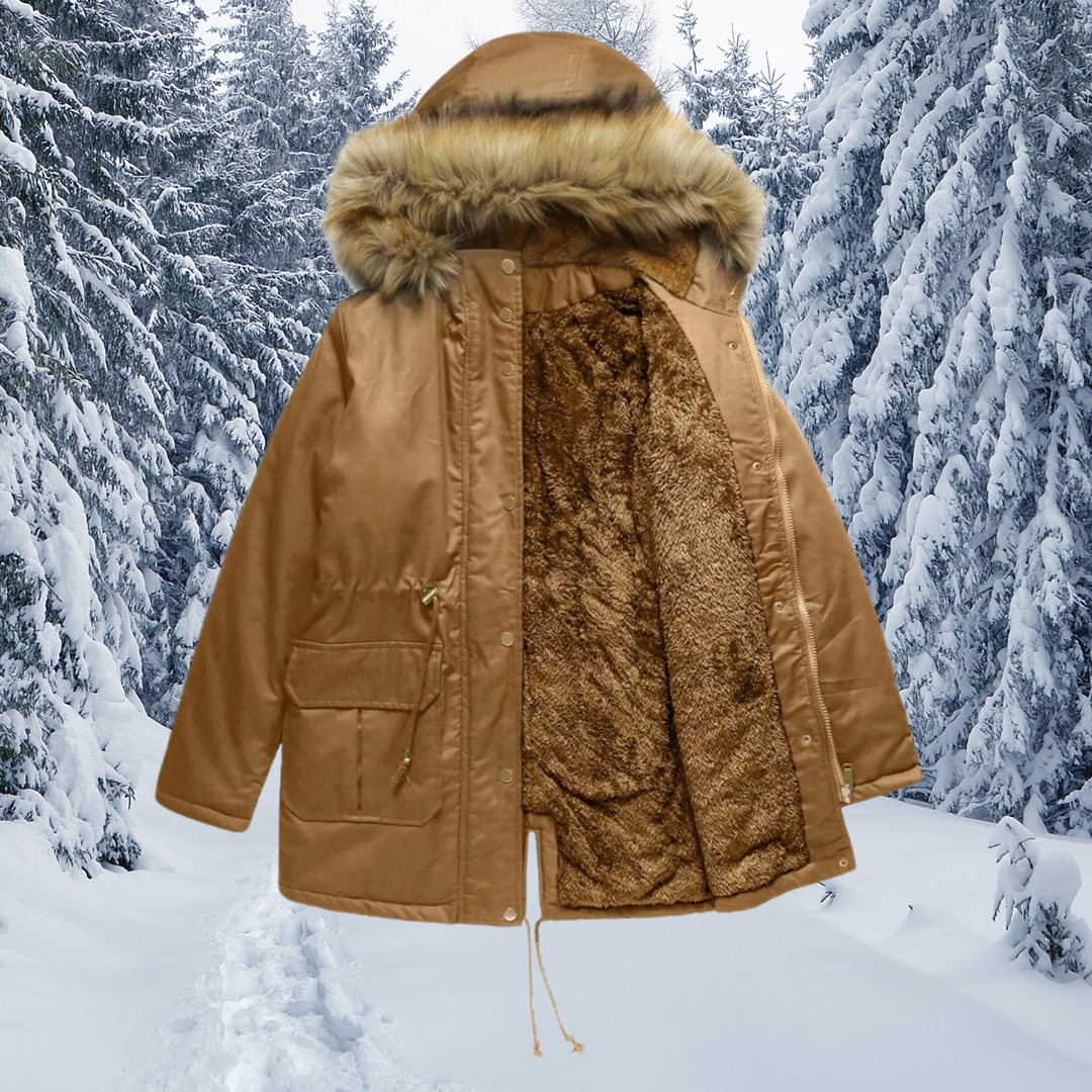 Camelfarbener Parka mit Kunstfellkapuze und plüschigem Fleece-Innenfutter