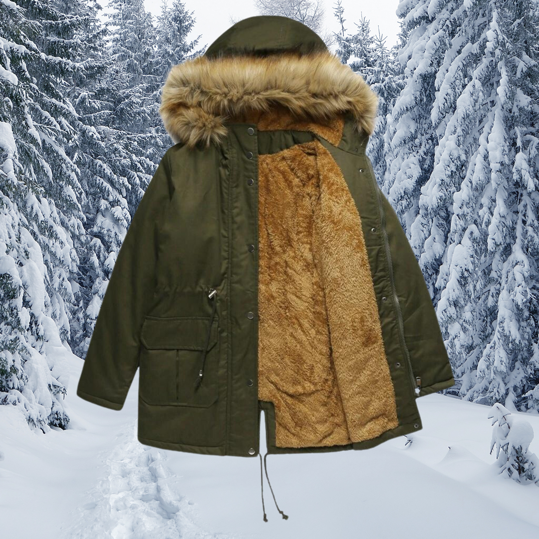 Olivgrüner Winterparka mit Fellkragen und warmer Fleece-Innenseite