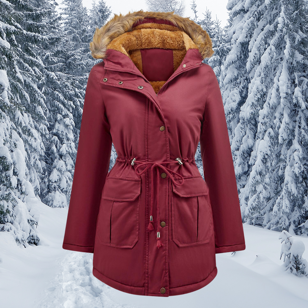 Weinroter Parka mit Kapuze, Fellbesatz und Kordelzug in der Taille