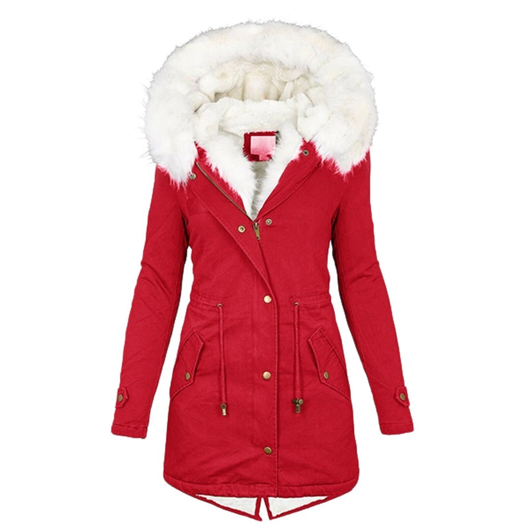 Roter Damen-Parka mit Kunstfellkapuze und Kordelzug-Taille