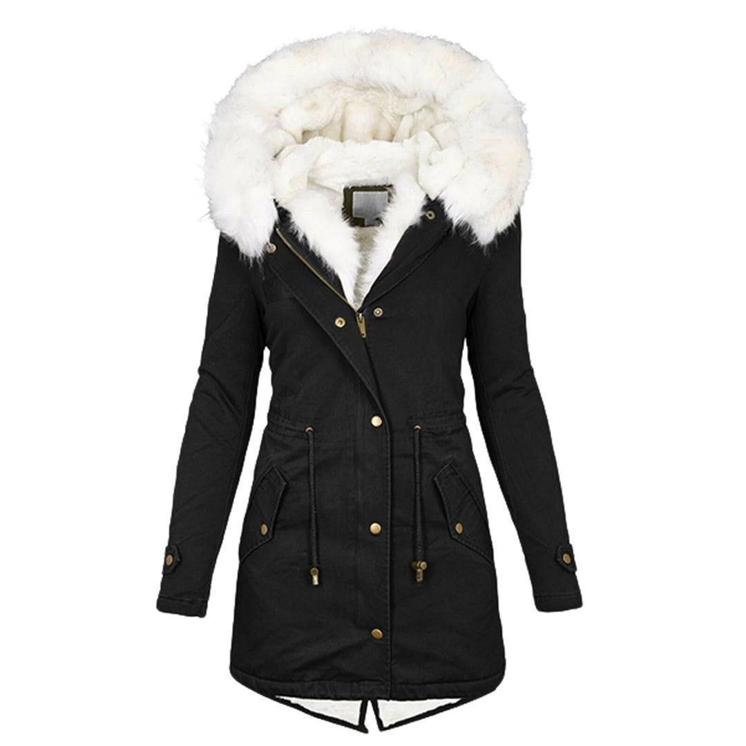 Schwarzer Winterparka mit weißer Fellkapuze und Taschen