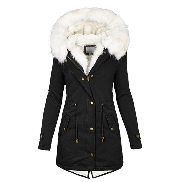 Schwarzer Winterparka mit weißer Fellkapuze und Taschen