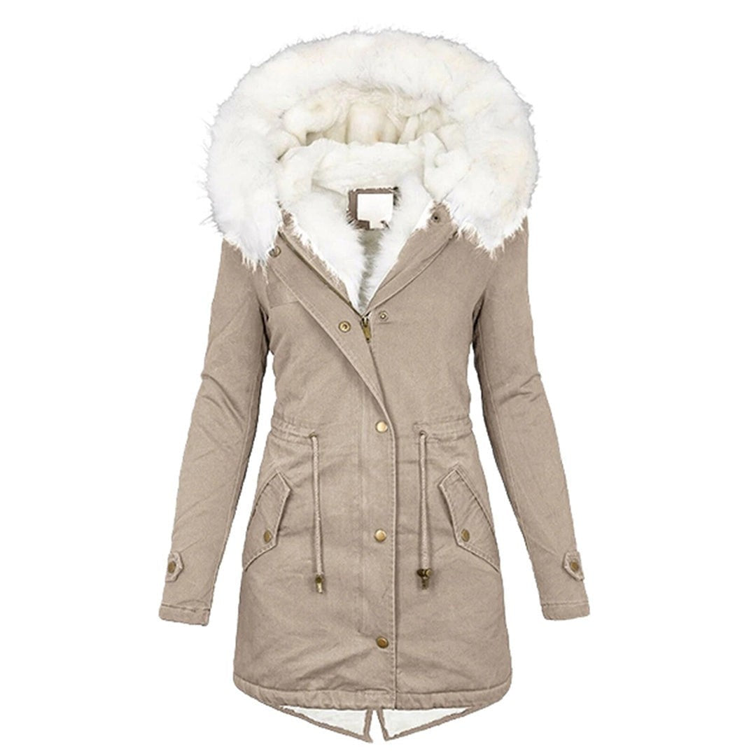 Beige Winterjacke mit Kunstfellkragen und Reißverschluss