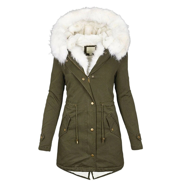 Olivgrüner Parka mit Kunstfellkapuze und Druckknopfverschluss