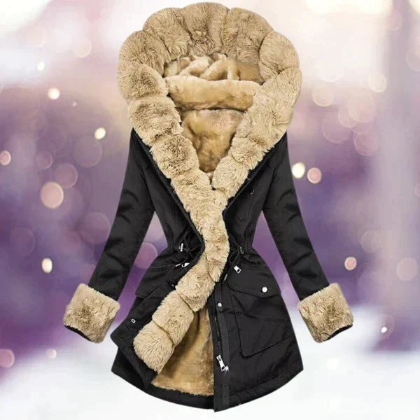 Schwarzer Damen-Parka mit Kunstfellkapuze und taillierter Kordelzugoptik