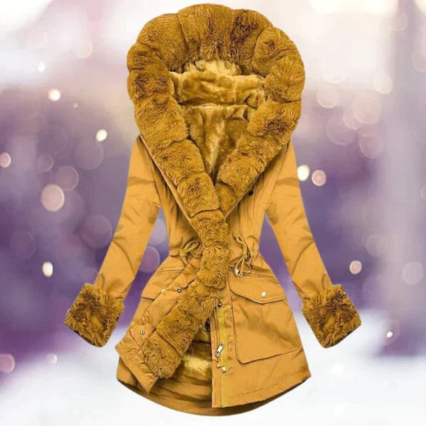Senffarbener Parka mit Fellkapuze und getailliertem Schnitt für Damen