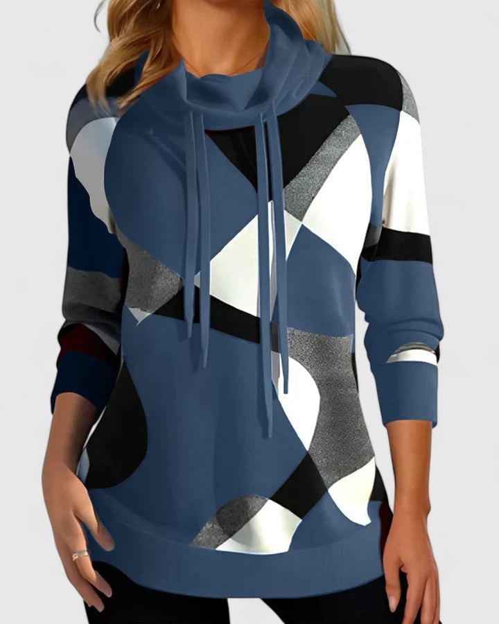 Damen Pullover blau mit Schalkragen und geometrischem Colour-Block-Muster
