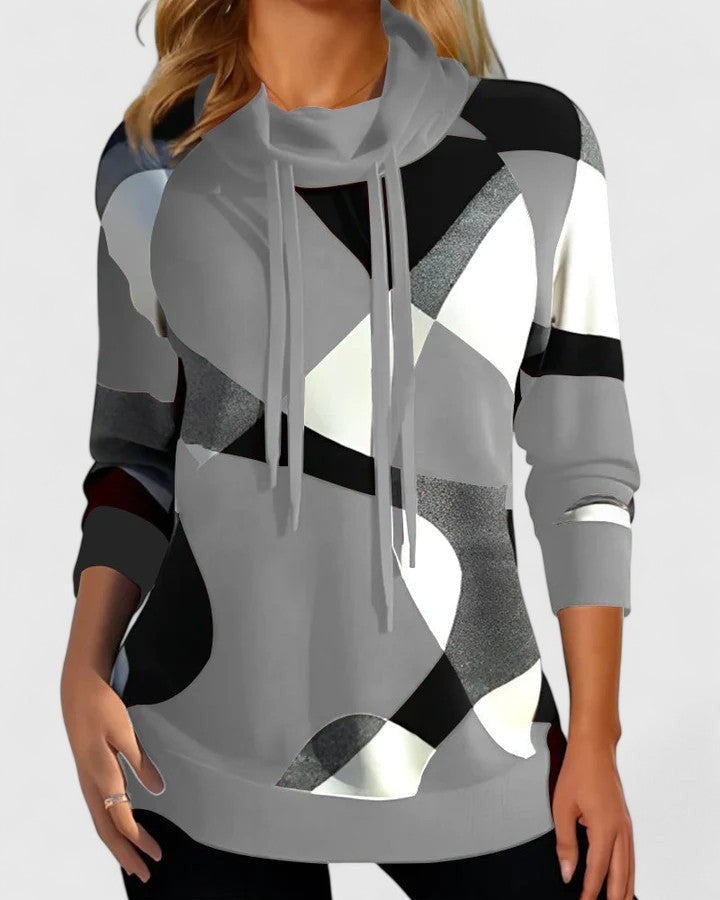 Grauer Pullover mit Schalkragen, Kordelzug und abstraktem Muster