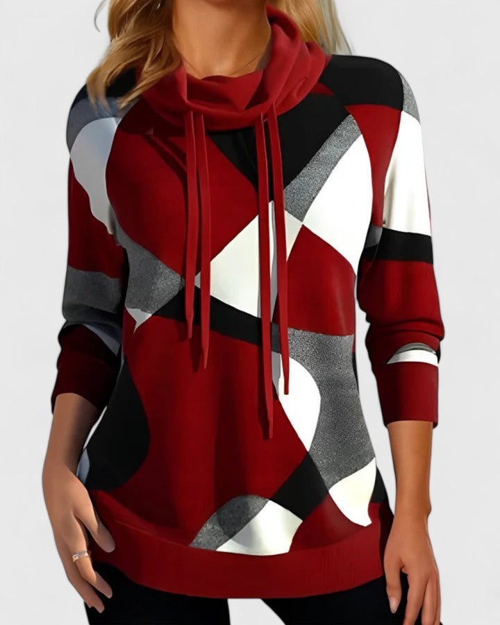 Roter Pullover mit Schalkragen, Raglanärmeln und Colour-Block-Design