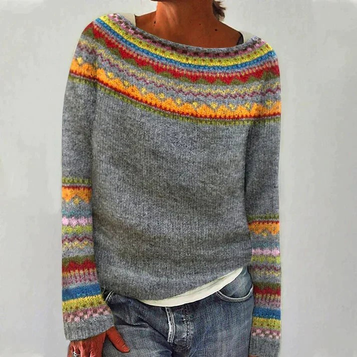 Grauer Damenpullover mit buntem Fair-Isle-Muster und U-Boot-Ausschnitt