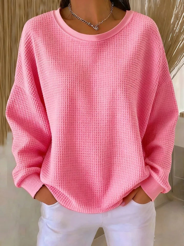 Rosafarbener Waffelstrick-Pullover mit entspanntem, weitem Schnitt