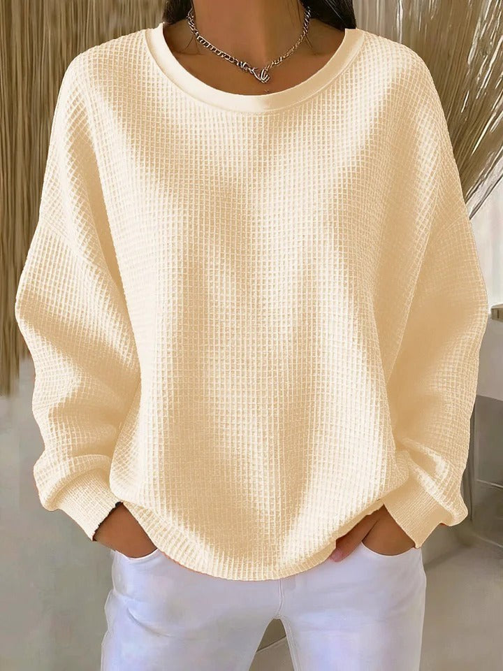 Cremefarbener Waffelstrick-Pullover mit weitem Rundhalsausschnitt