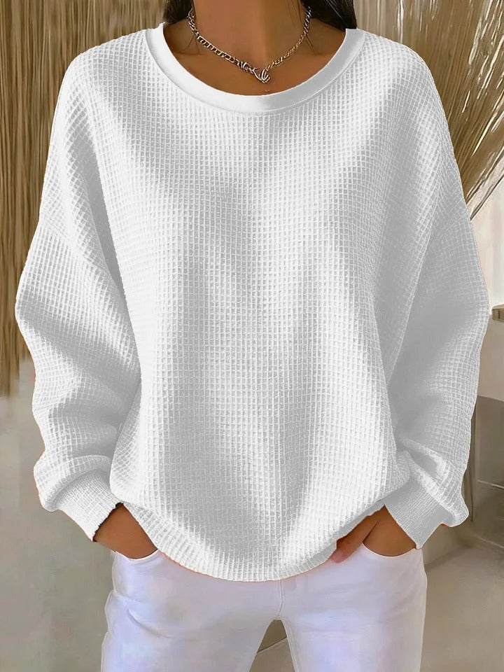 Weißer Waffelstrick-Pullover mit lockerem, legerem Schnitt
