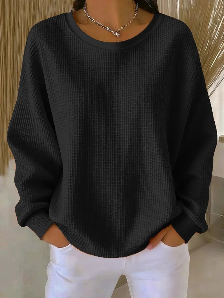 Schwarzer Oversize-Pullover mit Waffeltextur und Rundhalsausschnitt