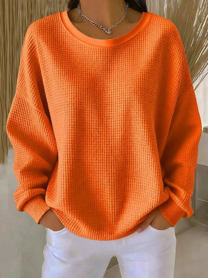 Oranger Waffelstrick-Pullover mit weiten Ärmeln und Rundhals