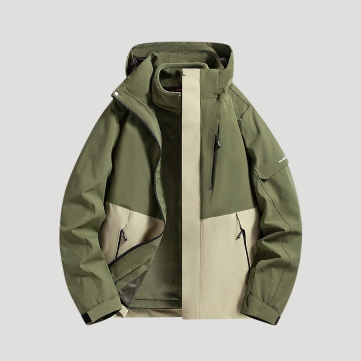 Olivgrün-beige Regenjacke mit Kapuze im Colorblock-Design