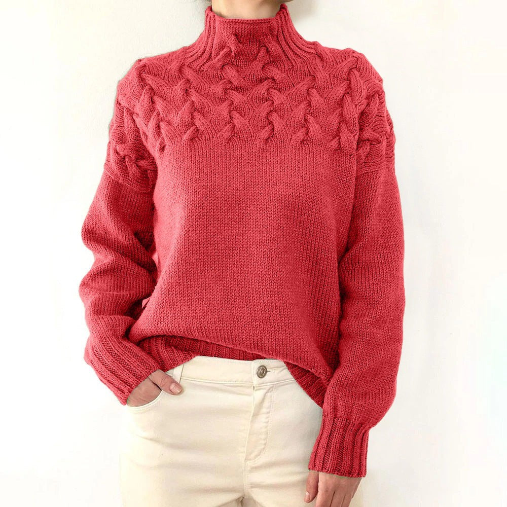 Korallenroter Rollkragenpullover mit Zopfmuster und weiten Ärmeln