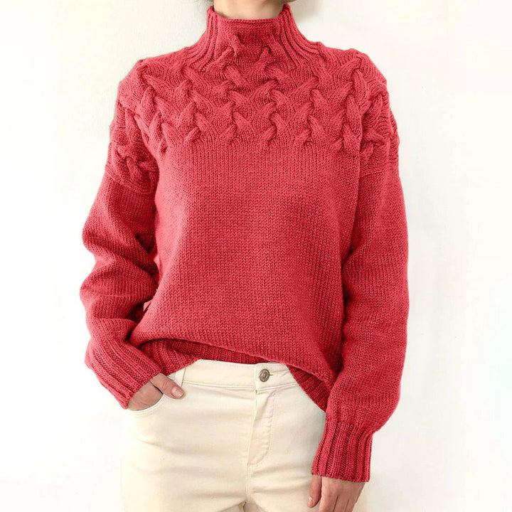 Korallenroter Rollkragenpullover mit Zopfmuster und weiten Ärmeln