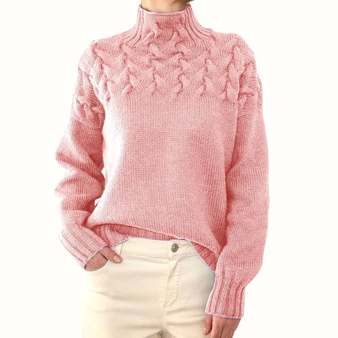 Zartrosa Rollkragenpullover mit Zopfmuster und weiten Ärmeln