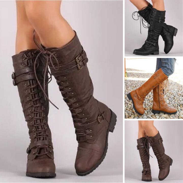 Kniehohe Damenstiefel mit Schnürung und Schnallenriemen in Braun, Schwarz und Cognac