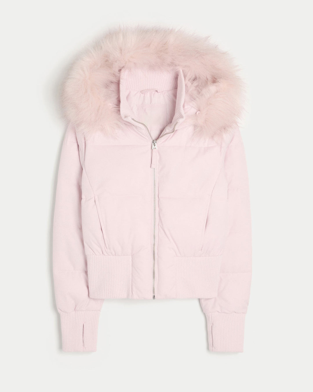 Rosa Cropped Steppjacke mit Kunstfellkapuze und Stehkragen, freigestellt fotografiert