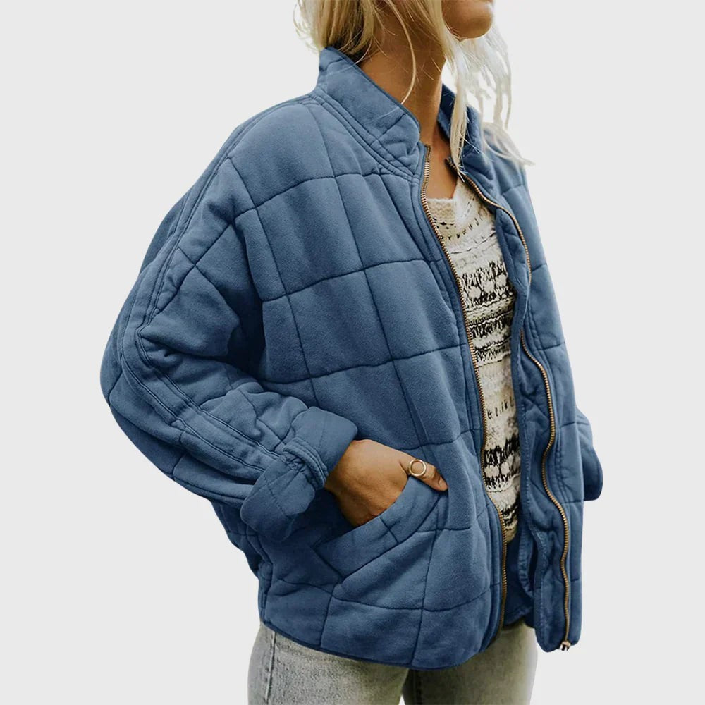 Blaue Oversize-Steppjacke mit Stehkragen und Kastenmuster