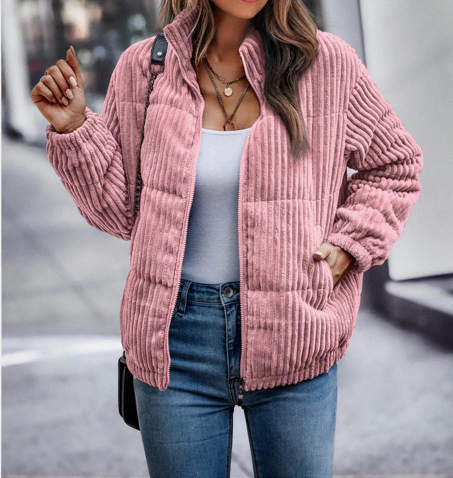 Rosa Winterjacke in Cord-Optik mit Stehkragen und offenem Reißverschluss