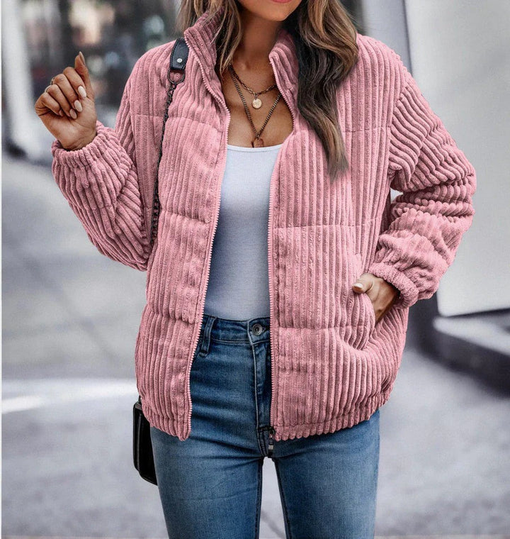 Rosa Winterjacke in Cord-Optik mit Stehkragen und offenem Reißverschluss