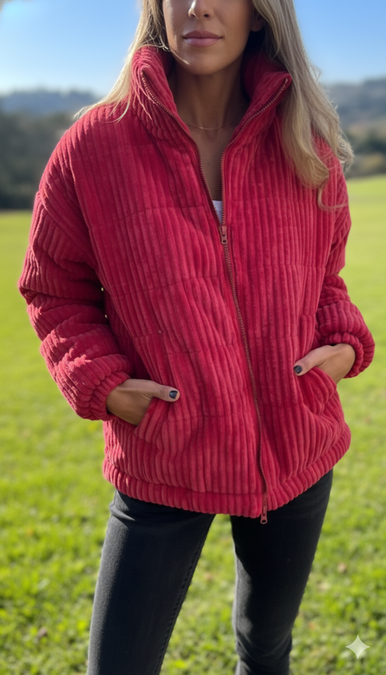 Rote Winterjacke mit Cord-Rippen und hochgeschlossenem Stehkragen im Freien