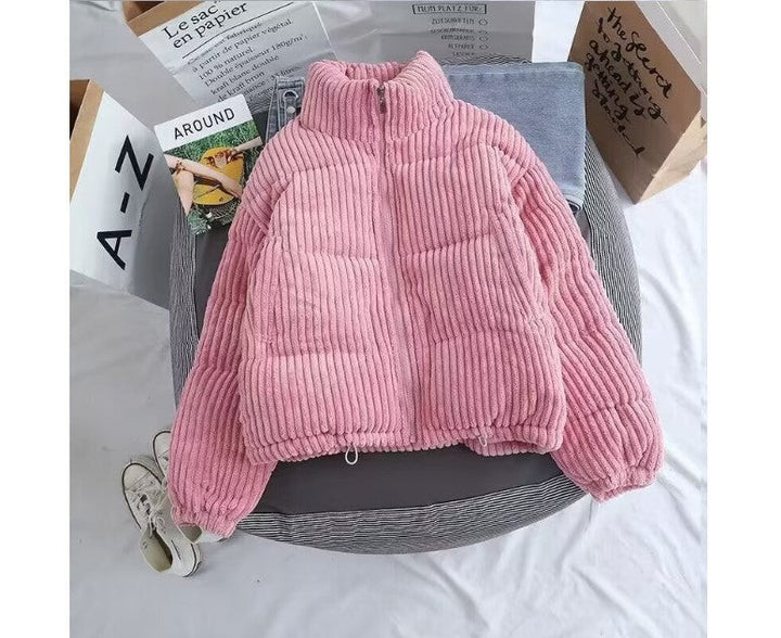 Pinke Cord-Steppjacke flach drapiert mit sichtbarem Reißverschluss und Kragen
