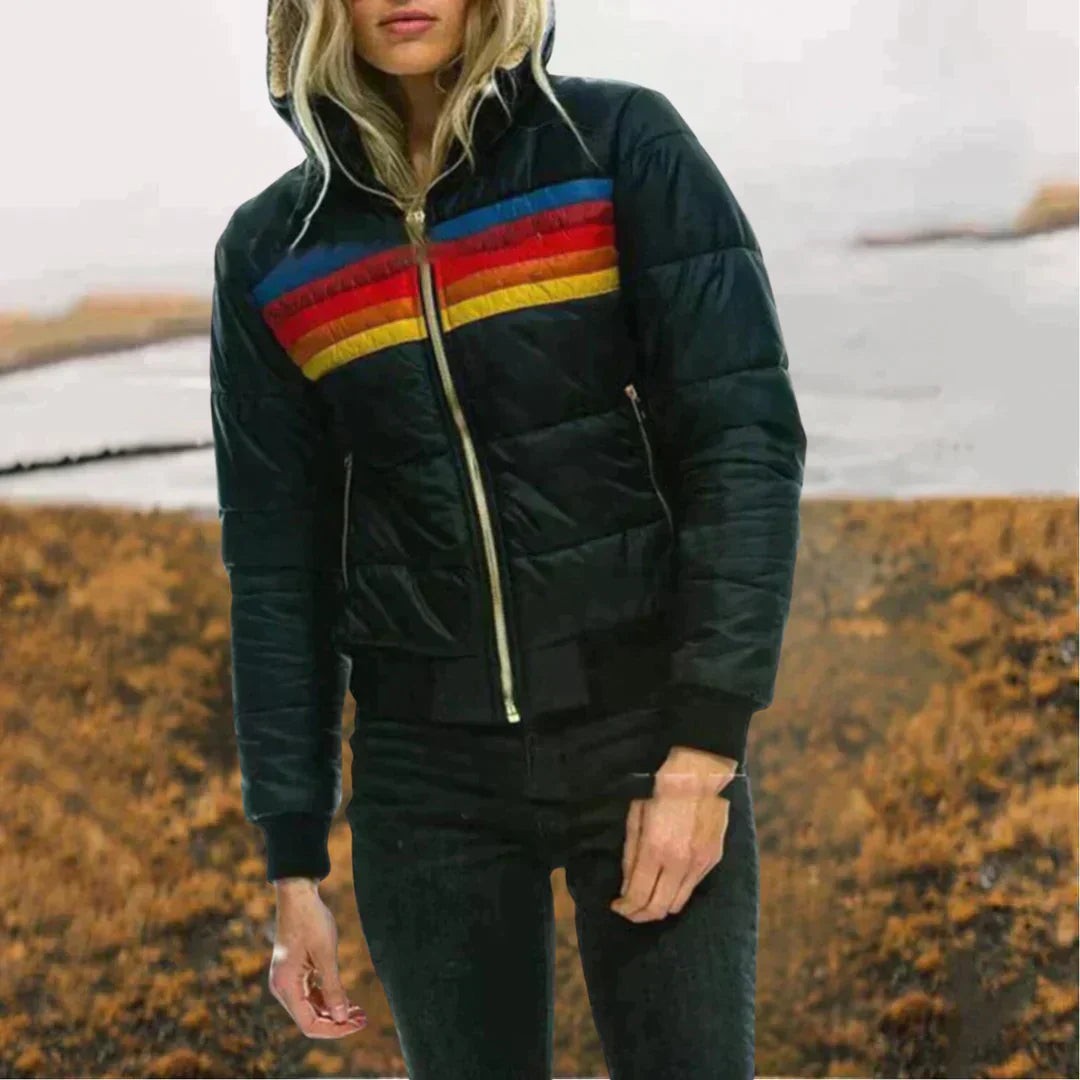 Schwarze Steppjacke mit bunten Kontraststreifen und Kapuze