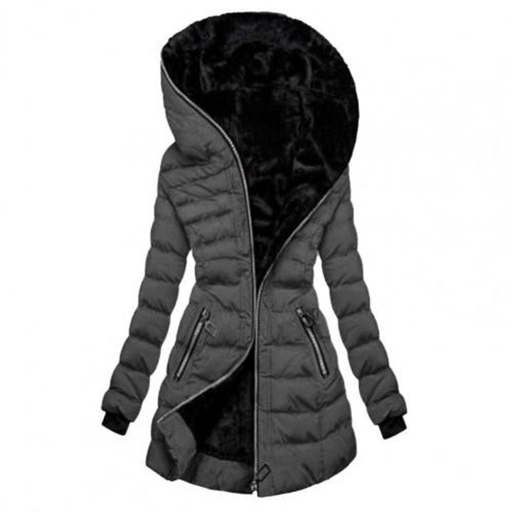 Graue Steppjacke mit Kapuze und kuscheligem Fleecefutter, Reißverschluss vorne