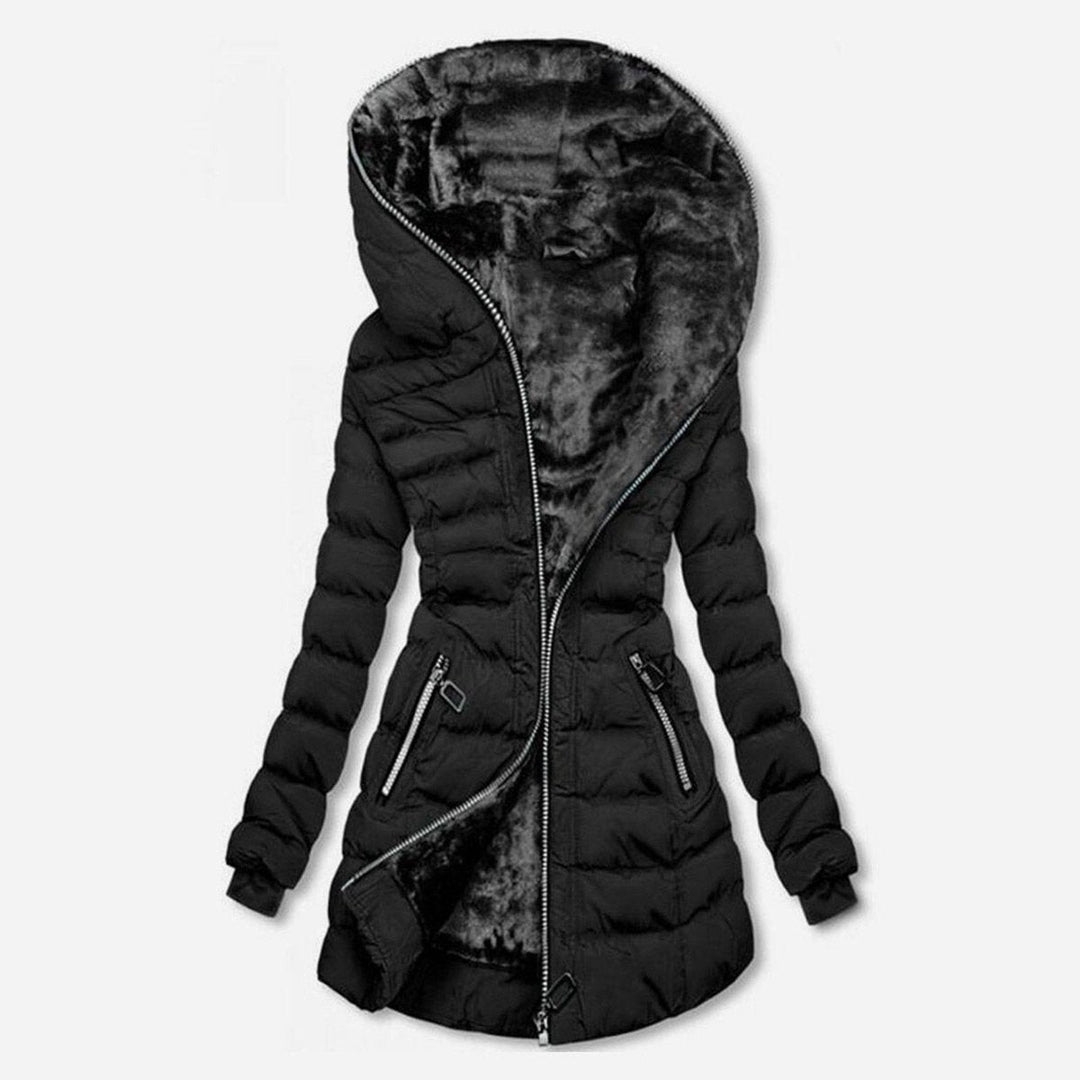 Schwarze gesteppte Winterjacke mit Kapuze und weichem Plüschfutter