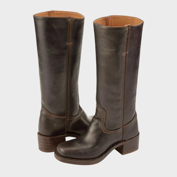 Kniehohe Westernstiefel aus veganem Leder in Dunkelbraun mit Blockabsatz