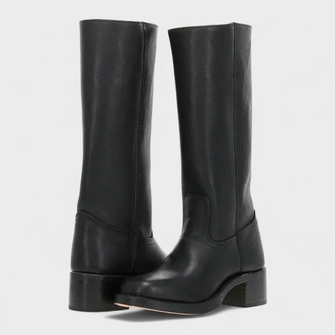 Schwarze kniehohe Westernstiefel mit Kontrastnähten und Blockabsatz