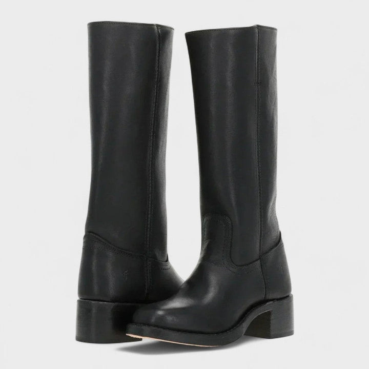 Schwarze kniehohe Westernstiefel mit Kontrastnähten und Blockabsatz