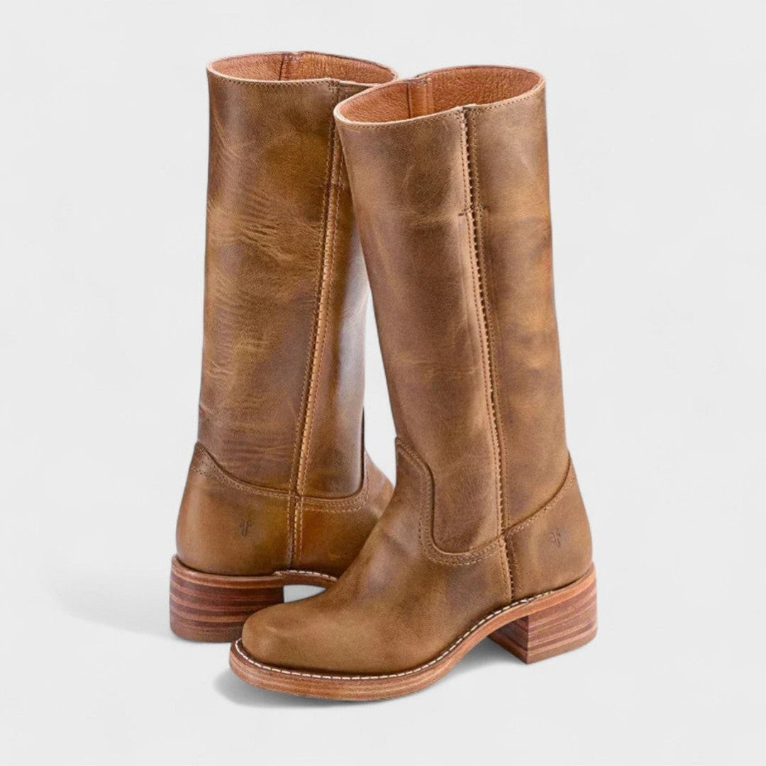 Hellbraune kniehohe Stiefel im Western-Stil mit Absatz und Zierstepptnähten