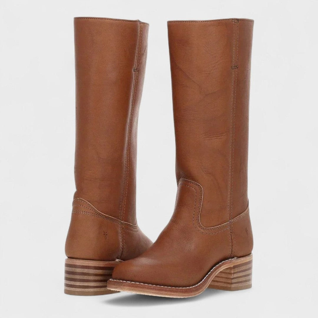 Cognacfarbene kniehohe Westernstiefel mit Blockabsatz und Zierstepptnähten