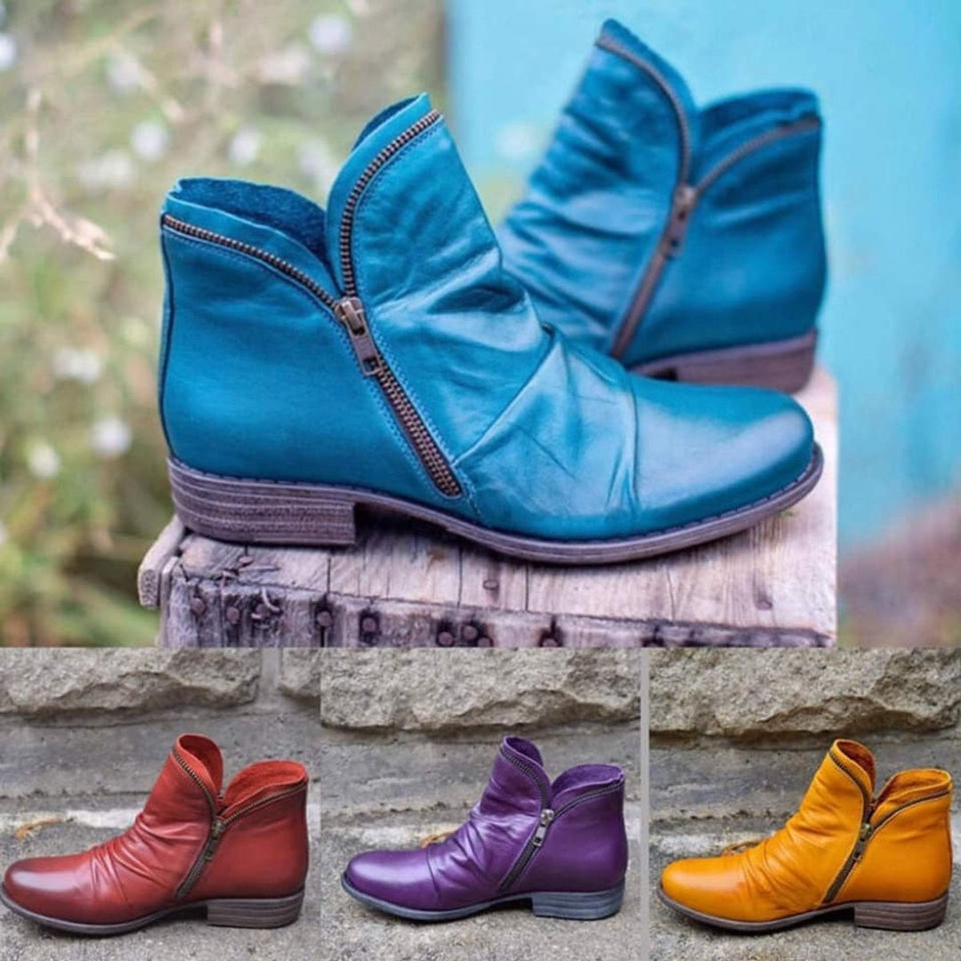 Stiefeletten aus veganem Leder in Blau, Rot, Violett und Senfgelb im Vergleich