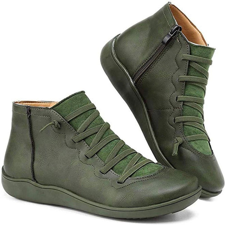 Olivgrüne Damen-Stiefeletten mit Kreuzschnürung und Reißverschluss