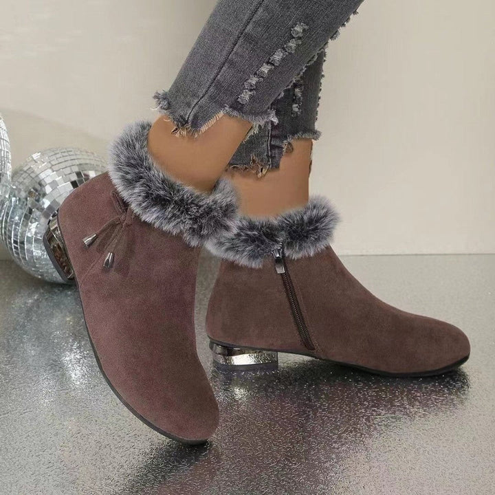 Braune Ankle Boots mit Kunstfell-Abschluss und seitlichem Reißverschluss