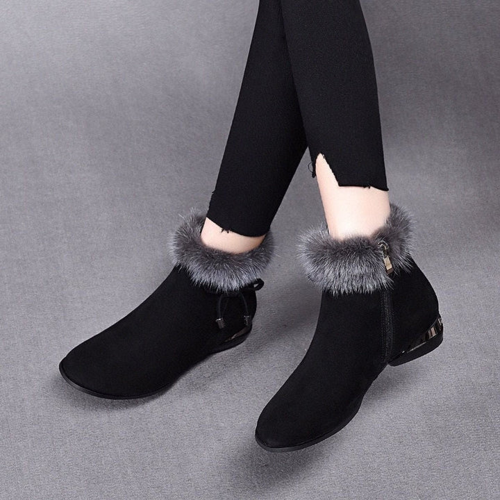 Schwarze Damenstiefeletten mit Fellkragen, Schleife und rutschfester Sohle