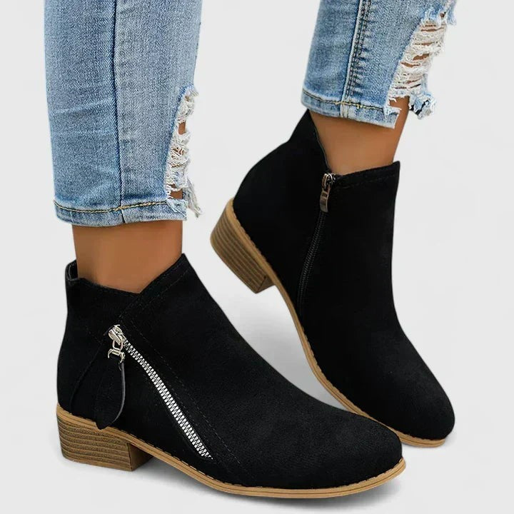 Schwarze Ankle Boots mit Reißverschluss und Blockabsatz im Wildleder-Look
