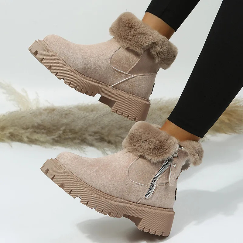 Winterstiefeletten beige mit flauschigem Fellrand und Reißverschluss seitlich
